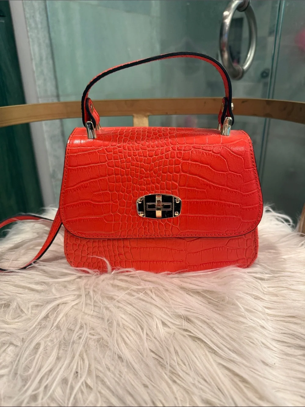 Orange Croc-Embossed Top Handle Bag - Unbranded